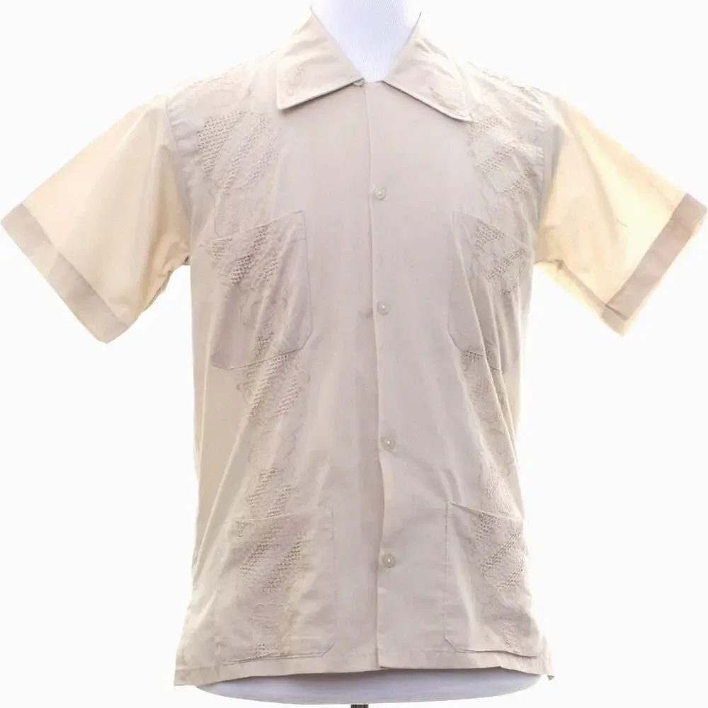 Vintage 70s Calez Taupe Guayabera Shirt Embroidered 4 Pocket Men's Small